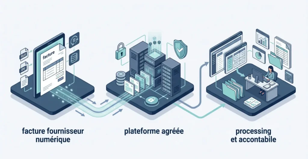 Schéma conceptuel du parcours d'une facture fournisseur entre une plateforme agréée, un logiciel de gestion et la comptabilité Schéma conceptuel du parcours d'une facture fournisseur entre une plateforme agréée, un logiciel de gestion et la comptabilité